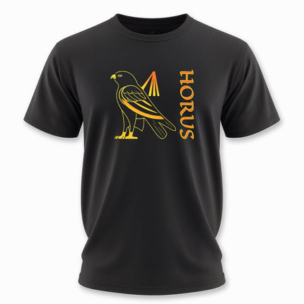 Horus Egyptian falcon god graphic tee featuring golden mythology art and the name "HORUS.