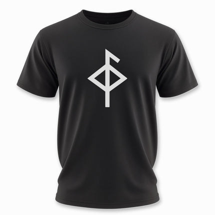 Black t-shirt featuring a white Norse rune graphic.