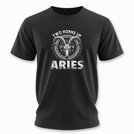 Aries Zodiac T-Shirt | Two Horns Up Graphic and Text Astrology Tee | V6