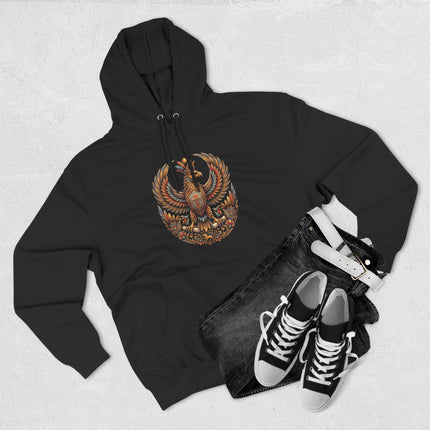 Mythical Shabaz eagle graphic on black pullover hoodie, representing Persian mythology.