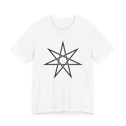 Black heptagram sacred geometry star graphic on a white unisex t-shirt.