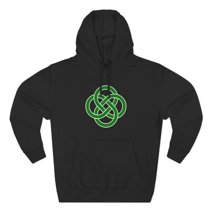 Green Celtic knotwork infinity symbol on a black pullover hoodie.