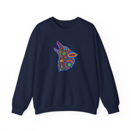 Colorful sweatshirt featuring a vibrant Huichol wolf graphic in Mexican tribal folk art style.