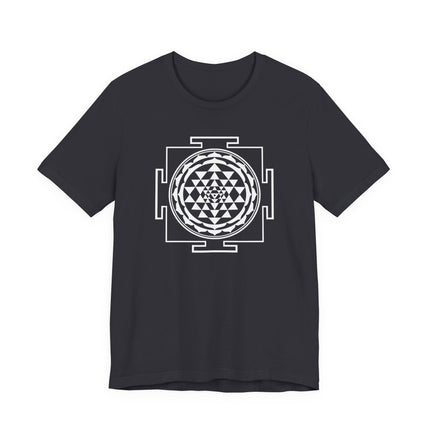 Sri Yantra sacred geometry mandala graphic on a black t-shirt.