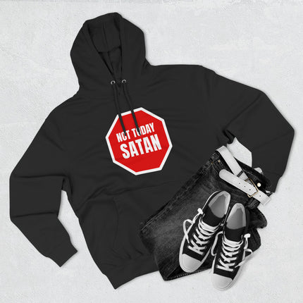Not Today Satan" stop sign graphic on a black unisex pullover hoodie.