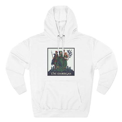 The Morrigan Celtic Triple Goddess graphic design on a white pullover hoodie.