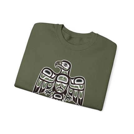 Pacific Northwest pullover featuring indigenous hawk formline art design.