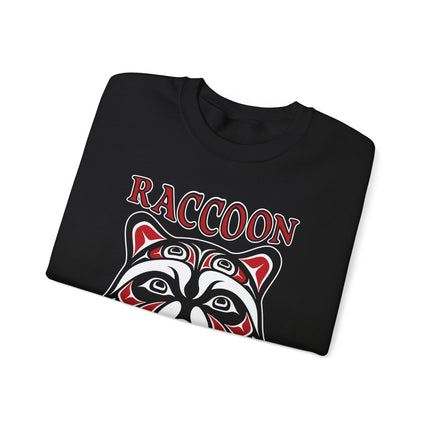 Raccoon spirit tribal art print on a pullover sweatshirt featuring indigenous animal designs.