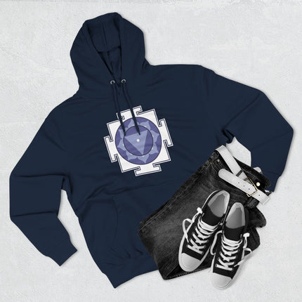 Sacred geometry Yantra symbol on a navy blue spiritual goddess hoodie.