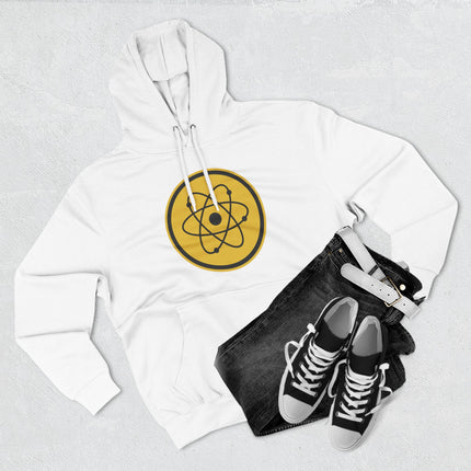 White pullover hoodie featuring a yellow atomic symbol graphic, perfect for science and physics enthusiasts.