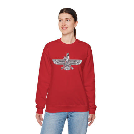 Faravahar winged symbol graphic on a red unisex sweatshirt.