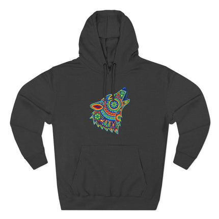 Huichol Wolf Howling Hoodie | Colorful Tribal Art Mexican Folk Pullover Hoodie