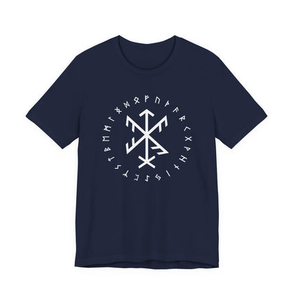 Unisex t-shirt featuring a white bind rune graphic surrounded by Norse Elder Futhark runes.