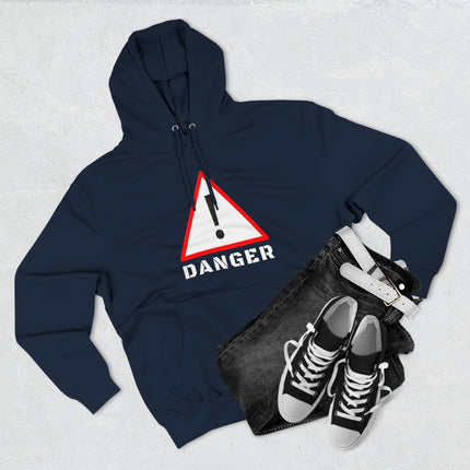 Dark blue hoodie featuring a red and white triangular danger warning sign graphic.