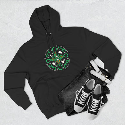 Green and gold Celtic Cross knotwork graphic on a black unisex hoodie.