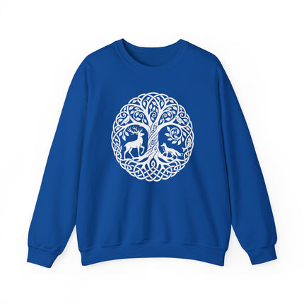 Celtic Tree of Life knotwork design on a blue sweatshirt, featuring deer and forest animals.