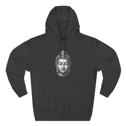Buddha head graphic on a black pullover hoodie for spiritual or zen meditation wear.