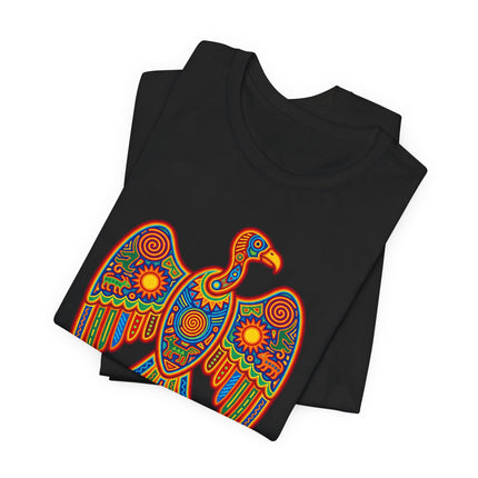 Colorful Huichol-style vulture graphic on a black tee. Mexican indigenous folk art spiritual symbol design.