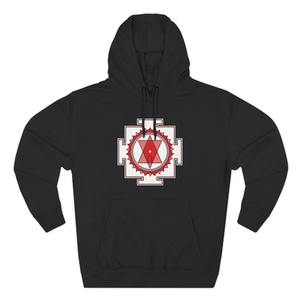 Tripura Sundari Yantra sacred geometry design on black spiritual hoodie.