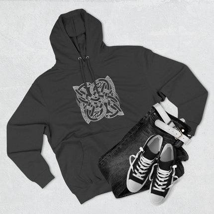 Black hoodie featuring white Norse Ouroboros knotwork design, symbolizing eternity and infinity.