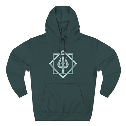 Dark hoodie featuring the Trishula symbol graphic, representing Lord Shiva and Hindu mythology.