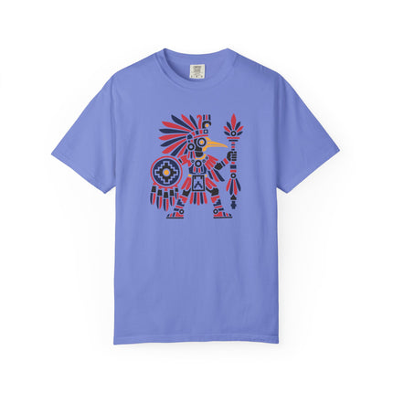 Aztec Hummingbird Warrior T-Shirt | Feathered Figure and Shield Art Tee