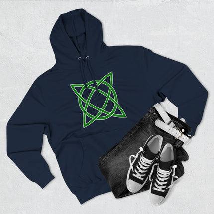 Green Celtic knot symbol graphic on a dark blue unisex hoodie.