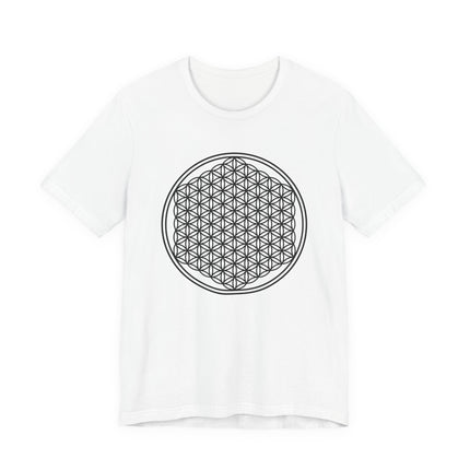 Flower of Life sacred geometry graphic printed on a white unisex t-shirt.