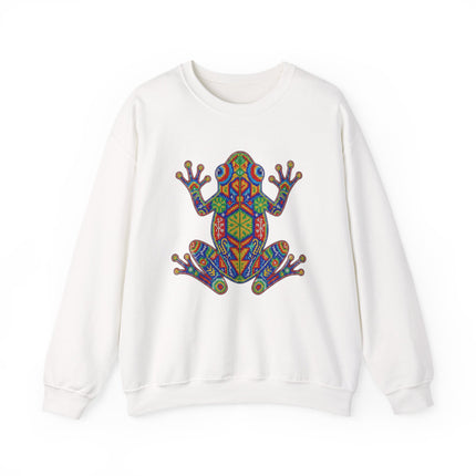 Colorful geometric frog graphic on a white sweatshirt, inspired by vibrant Mexican Huichol indigenous art.