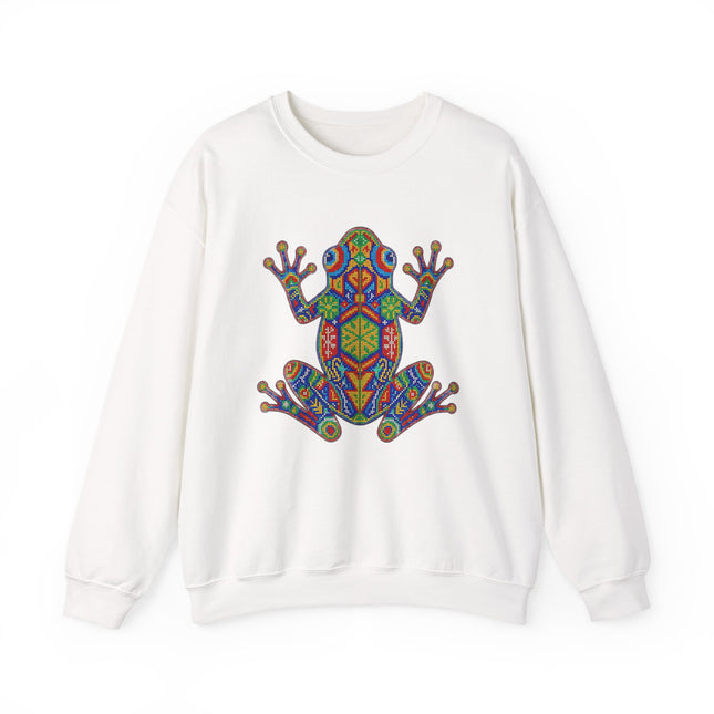 Colorful geometric frog graphic on a white sweatshirt, inspired by vibrant Mexican Huichol indigenous art.