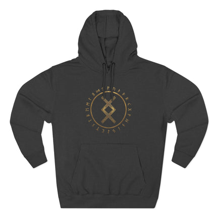 Black hoodie featuring a golden circle of Futhark runes and the Inguz symbol.