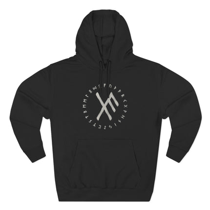 Black pullover hoodie featuring Norse Elder Futhark runes and a central protective luck symbol.