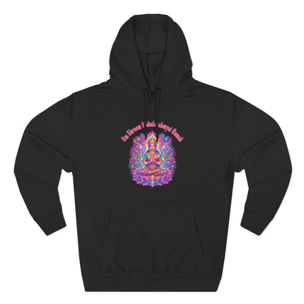 Om Shreem Mahalakshmyai Namah mantra hoodie with Goddess Lakshmi art.
