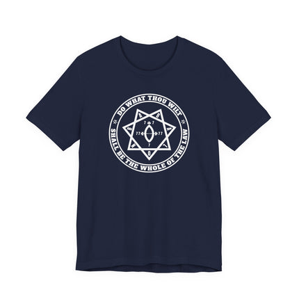 Do What Thou Wilt Thelema hexagram occult graphic t-shirt featuring the sacred law.