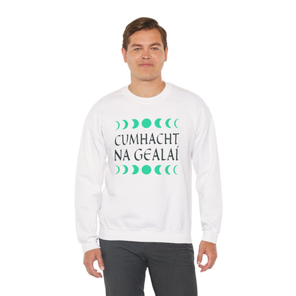 White sweatshirt featuring "Cumhacht Na Gealaí" and celestial moon phase symbols.