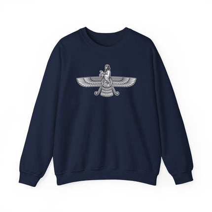 Faravahar Zoroastrian winged Persian symbol graphic on unisex pullover sweatshirt.