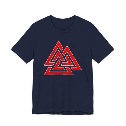Red Valknut Viking symbol graphic tee shirt featuring Norse mythology design.