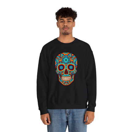 Vibrant Mexican sugar skull folk art graphic on black unisex sweatshirt. Day of the Dead style.