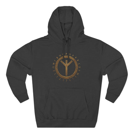 Algiz rune and Elder Futhark circle graphic on a black Norse hoodie.
