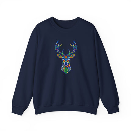 Geometric Huichol deer symbol sweatshirt featuring vibrant Mexican folk art patterns.