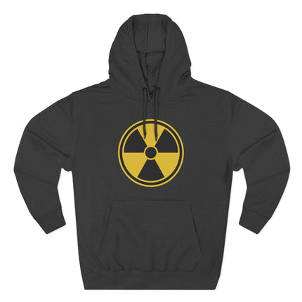 Black pullover hoodie featuring a yellow radioactive warning symbol.