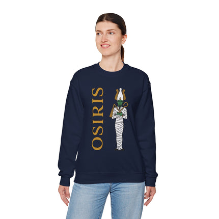 Osiris Egyptian god mummy graphic on navy sweatshirt. Mythology-themed ancient Egypt apparel.