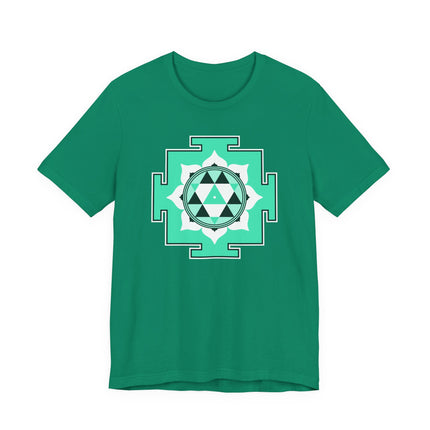 Green t-shirt featuring a sacred geometry Durga Yantra symbol.