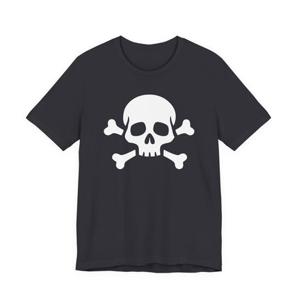 Black t-shirt featuring a white skull and crossbones pirate graphic.
