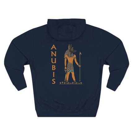Anubis, the Egyptian jackal god, illustration graphic with name text on a dark hoodie. Ancient mythology apparel.