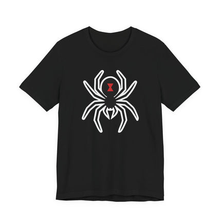 Black widow spider graphic tee featuring a red hourglass symbol.
