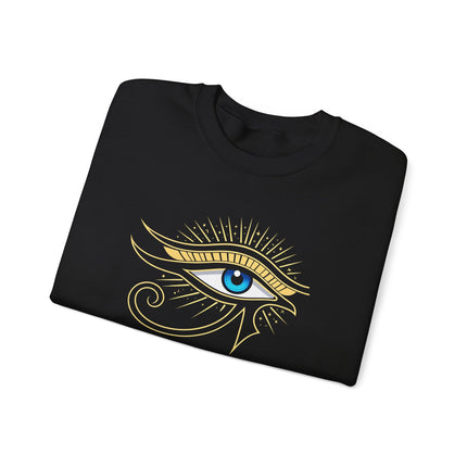 Golden Eye of Ra Egyptian symbol graphic in gold on a black sweatshirt.