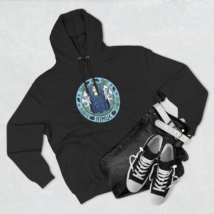 Nimue, Lady of the Lake, Celtic water spirit design on a black pullover hoodie featuring Arthurian mythology art.