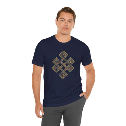 Navy t-shirt featuring the intricate Endless Knot Buddhist symbol design.