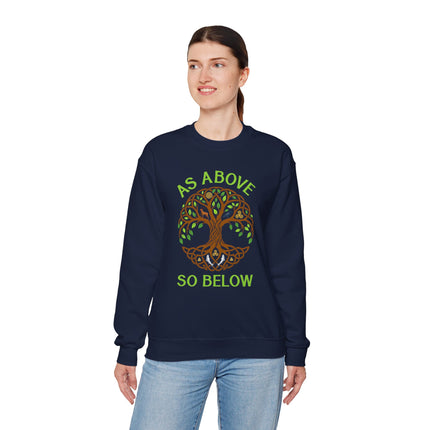 As Above So Below Tree of Life graphic on a dark sweatshirt, featuring Celtic mythology symbolism.